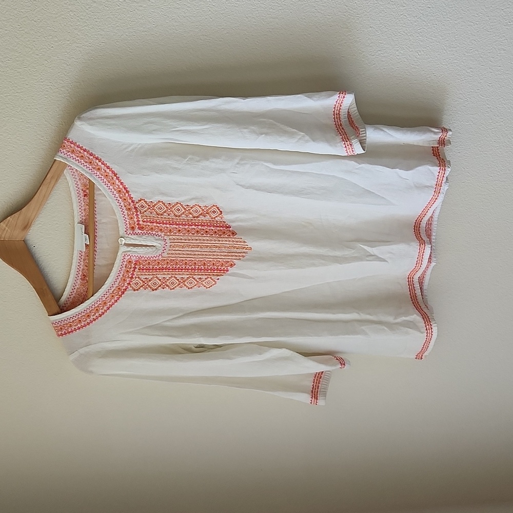 J. JILL white linen top orange & pink embroidered edge 3/4 sleeve Sz S bohemian